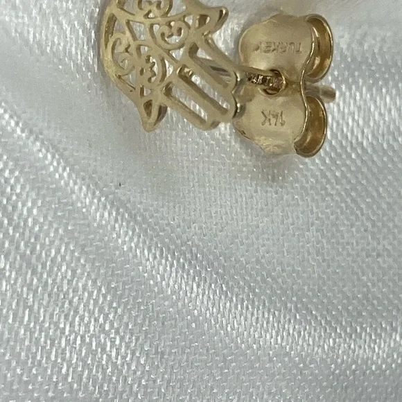 14k Yellow Gold Hand of Hamsa Earrings - Picture 3 of 4